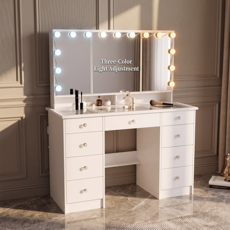 Meuble-lavabo blanc 53,6 "avec miroir tricolore à DEL et 9 tiroirs