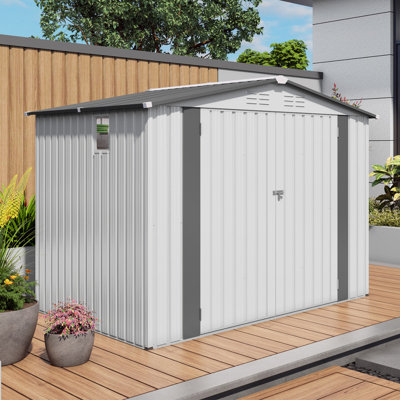 8X6 FT Metal Outdoor Garden Storage Shed, Tool Shed with Pitched Roof Waterproof with One Window and Two Lockable Door, Metal Tool Shed for Garden Tool Storage, Sundries and Bike Storage, White + Gray