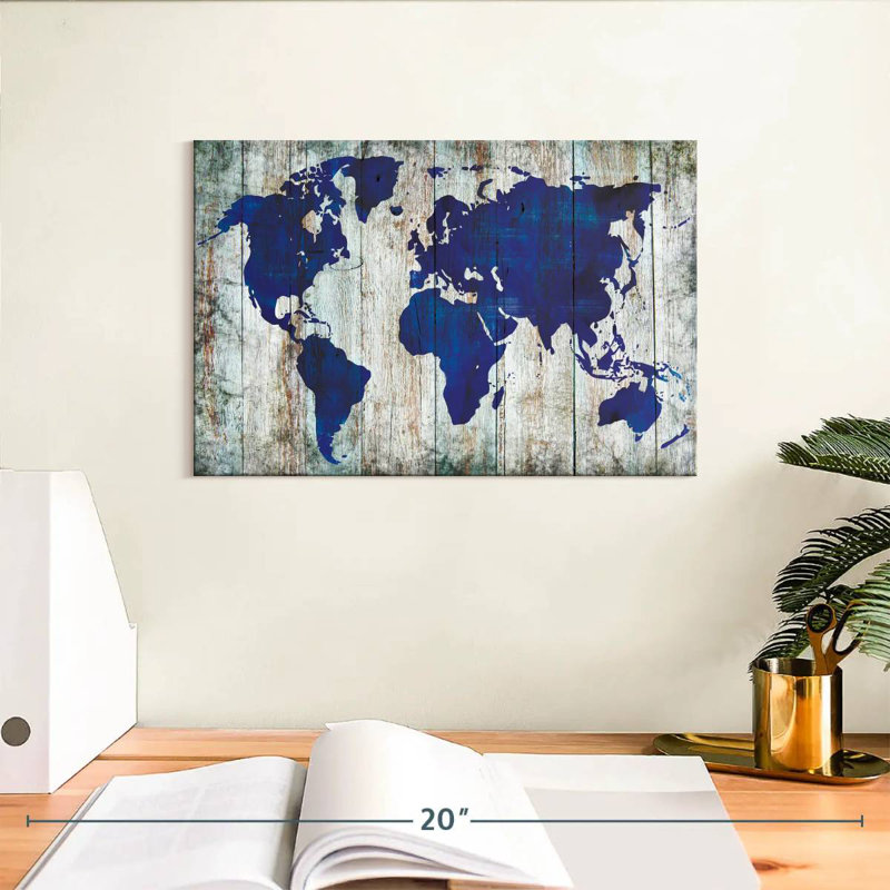 Carte du monde bleu Aliaz sur bois, H 8 po x l 12 po