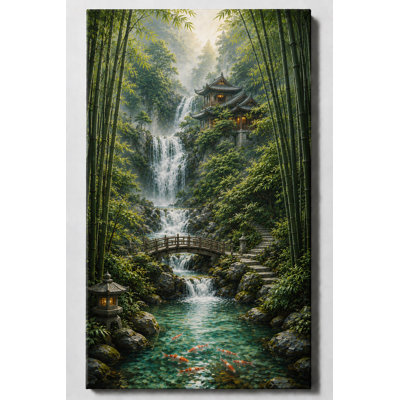 Impression sur toile de grande forêt de bambou, impression sur toile, jardin zen asiatique avec koi et décor de pagode pour salon, bureau de chambre à coucher, impression sur toile 24 x 36 pouces - prête à être accrochée