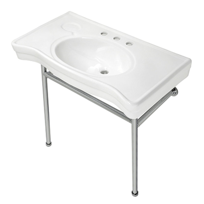 Kingston Brass Bristol 36-Inch Ceramic Console Sink with Stainless Steel Legs (8-Inch, 3-Hole), White/Polished Chrome