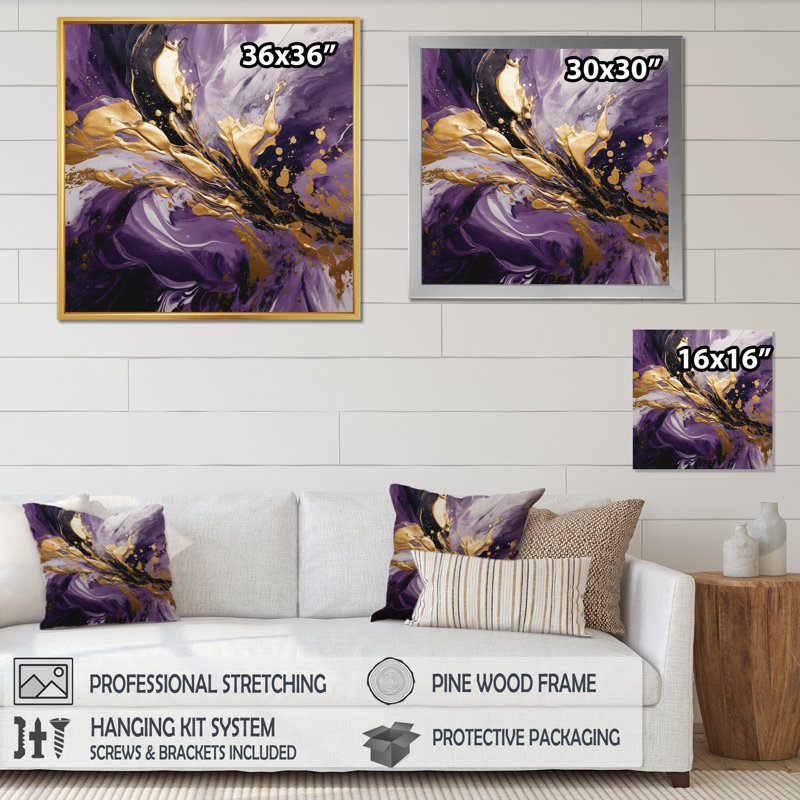 Mauve et or liquide Magic II - art mural abstrait, H 16 po x l 16 po, Doré, Reproduction avec cadre flottant