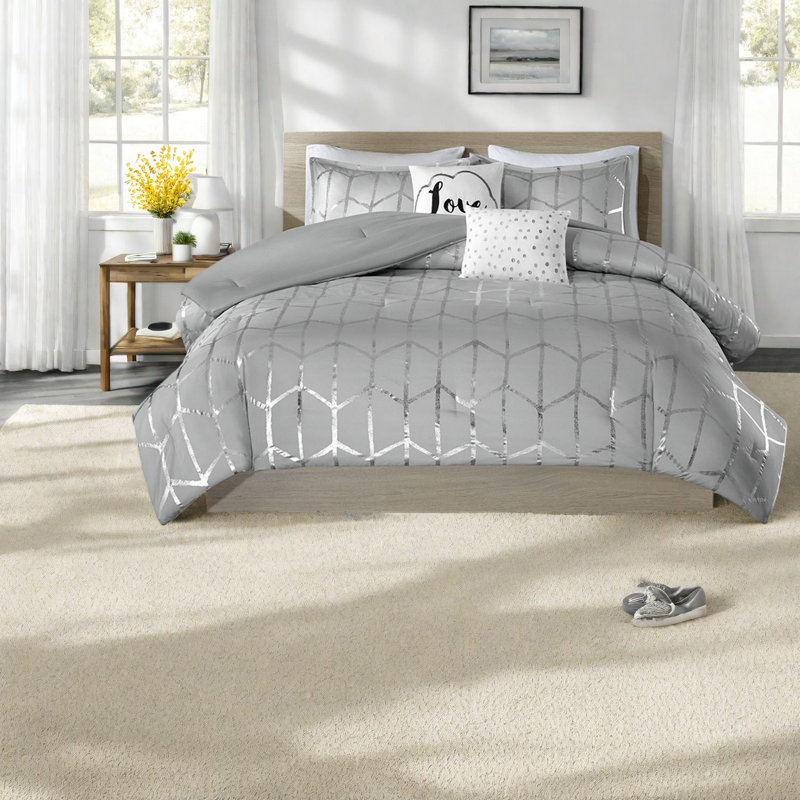 Contemporary Bedding Set, Polyester Microfiber, Modern Grey Silver Design