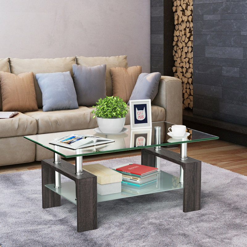 Table basse rectangulaire en verre trempé avec tablette, Noir, Transparent