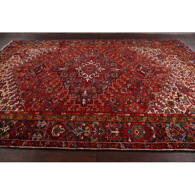 Tapis rouge en laine noué à la main de conception unique 8 pi 3 po x 11 pi 10 po années 1970 Ayaz
