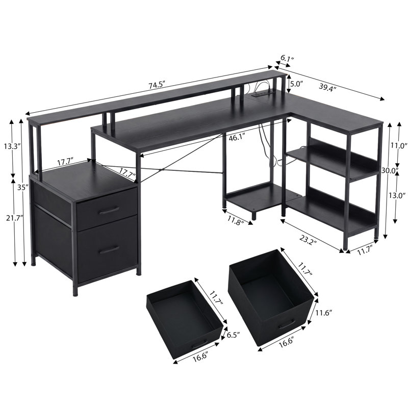 Reversible LED L-Shaped Black Desk with Storage and Power Outlet, Black