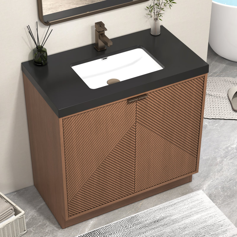 Monterey 35.4" Freestanding Bathroom Vanity + Reinforced Black Acrylic Sink, Brown