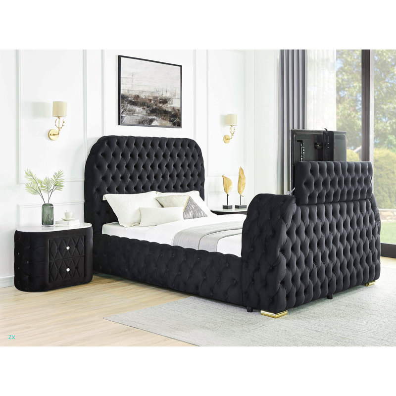Mobilier de chambre à coucher encastré en velours 1 pi, Noir, Grand lit