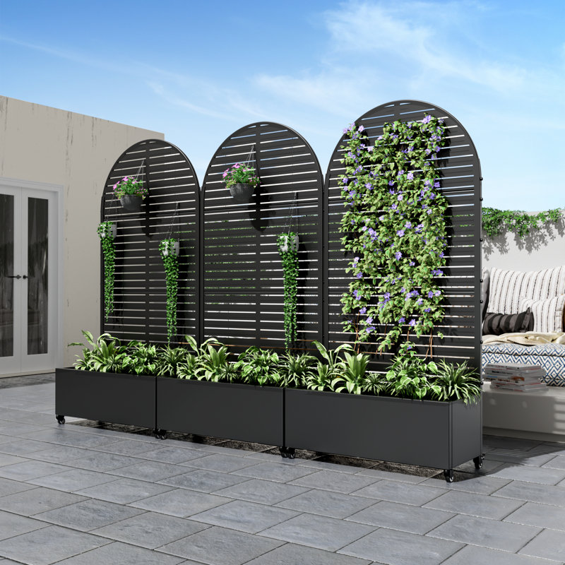 Arch Metal Planter Box with Trellis with Wheels, 72" H x 35" W x 16" D, Black