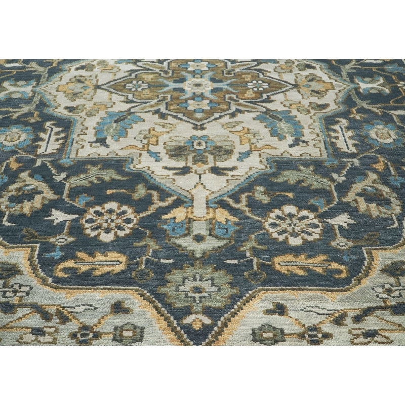 Tapis Oushak bleu en laine noué à la main 9 x 12, Bleu, Rectangle 9 pi x 12 pi