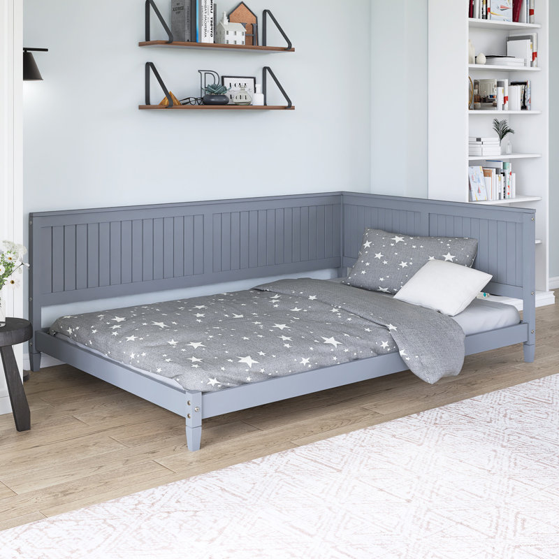 Lit plateforme en bois avec accoudoirs, Gris, Lit double