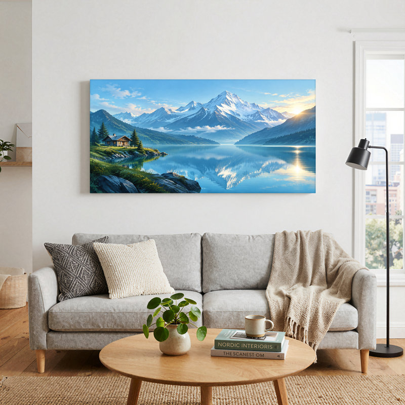 Toile enneigée, montagnes et cabane reflétée dans un lac bleu, art mural, 40"W x 20"H