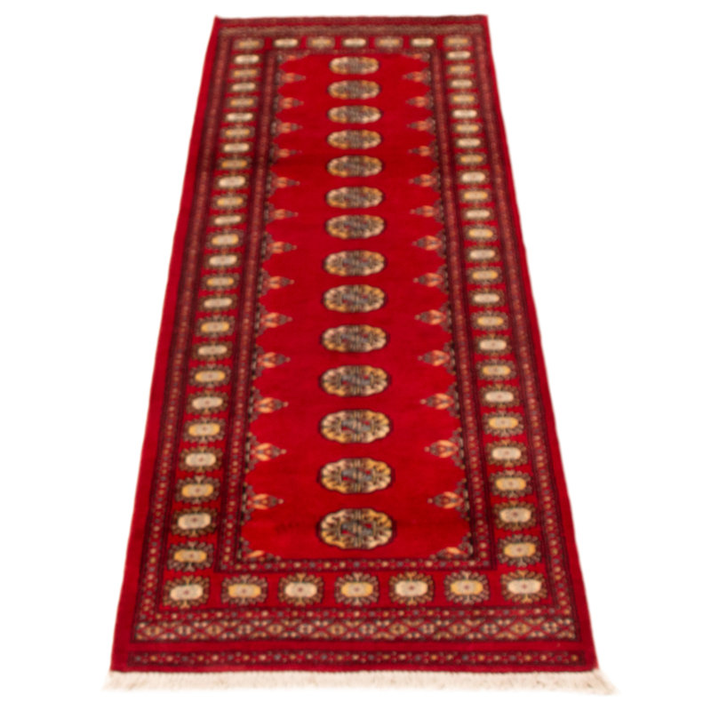 Tapis unique en laine noué à la main Bokhara rouge de 2 pi 7 po x 8 pi 3 po Peshawar