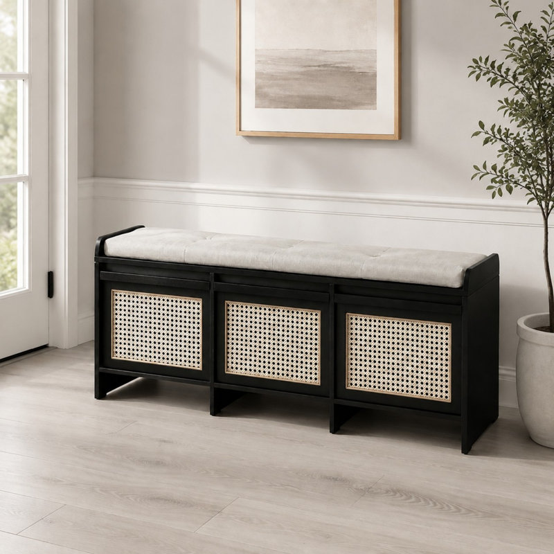 Banc de rangement pour chaussures 48 pouces avec tiroirs en rotin et coussin rembourré, Noir