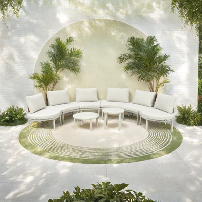 Ensemble de meubles de patio 8 pièces, canapé modulaire d'extérieur demi-lune avec 2 tables basses haute et basse, rotin en osier PE, verre trempé, 6 coussins et coussins, pour la cour, le jardin et la piscine