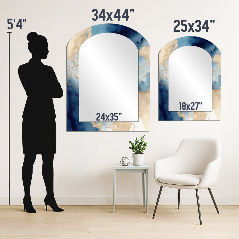 Blue and Gold Marble Clouds VIII - Fractals Arch Decorative Mirror, Modern Asymmetrical Wall Mirror, Printed Metal Art