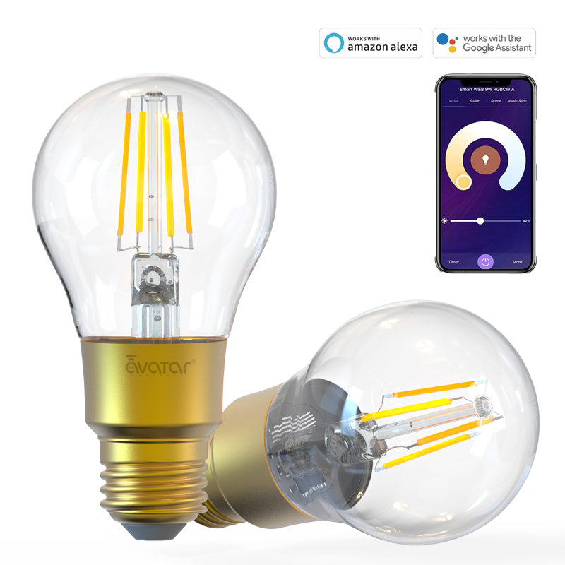 Ampoule à filament intelligent E26 A19 à filament DEL de 6 W avec Alexa / Google Home, paquet de 2