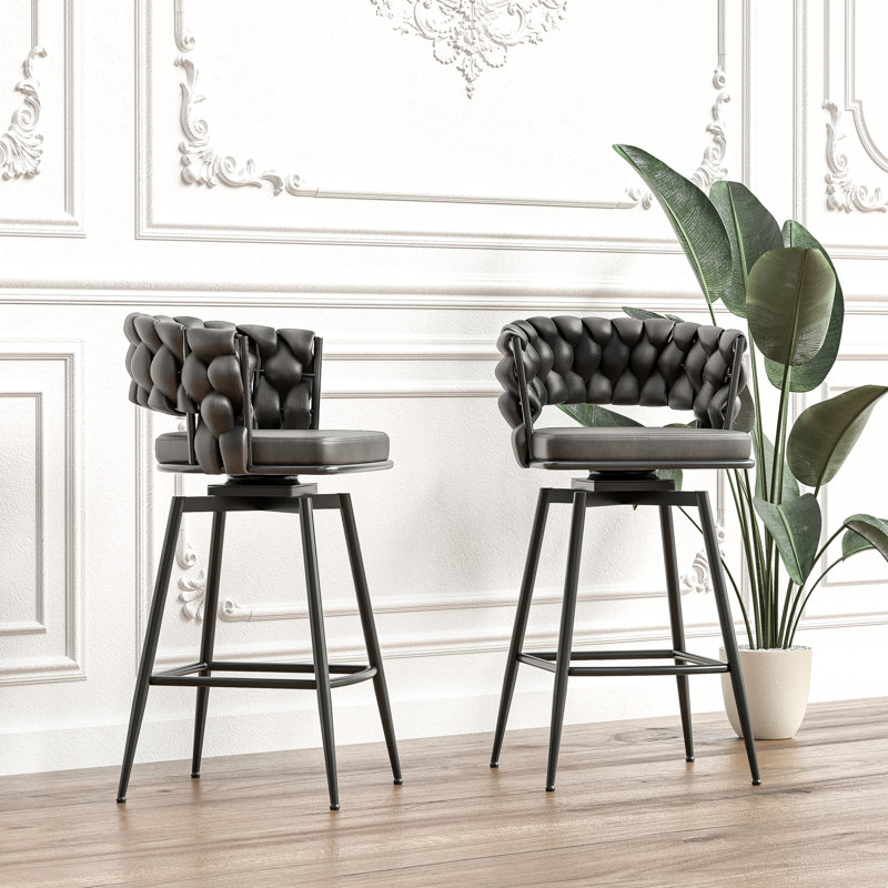 Tabouret de bar 28 po en cuir tressé 28 po (2 pièces), brun clair, mécanisme pivotant à 360 °, cadre, comptoir rembourré avec repose-pieds pour différentes zones de 2, cuir brun clair, pivotant à 360 °, base, diverses occasions