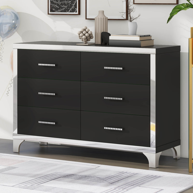 Commode pour chambre très brillante avec 6 tiroirs et poignée en métal, Noir