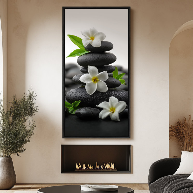 «Black Zen Stones With Flowers & Leaves Spa Art Extra Large», reproduction d'art sur toile encadrée, Noir, H 60 po x l 30 po