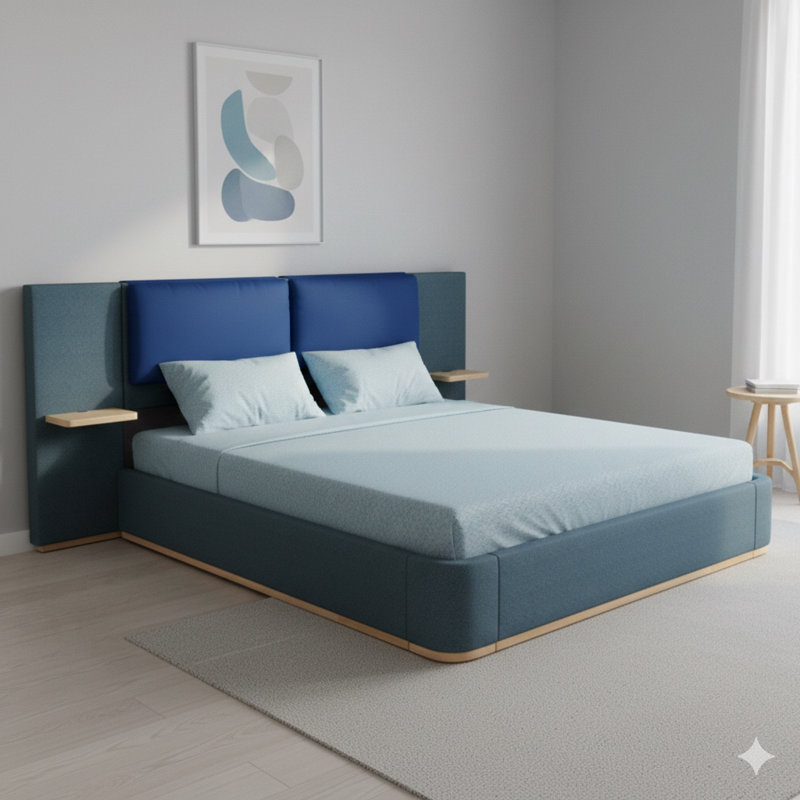 Très grand lit plateforme tapissier avec détails à panneaux. Le cadre comprend des coins arrondis doux pour prévenir les chocs, est stable et solide, ne nécessite aucun sommier et est facile à assembler. Couleur: bleu.