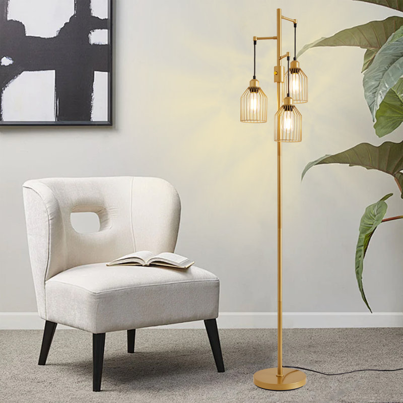 Lampe sur pied à intensité variable 65 po avec 3 ampoules incluses, Brossé, Doré