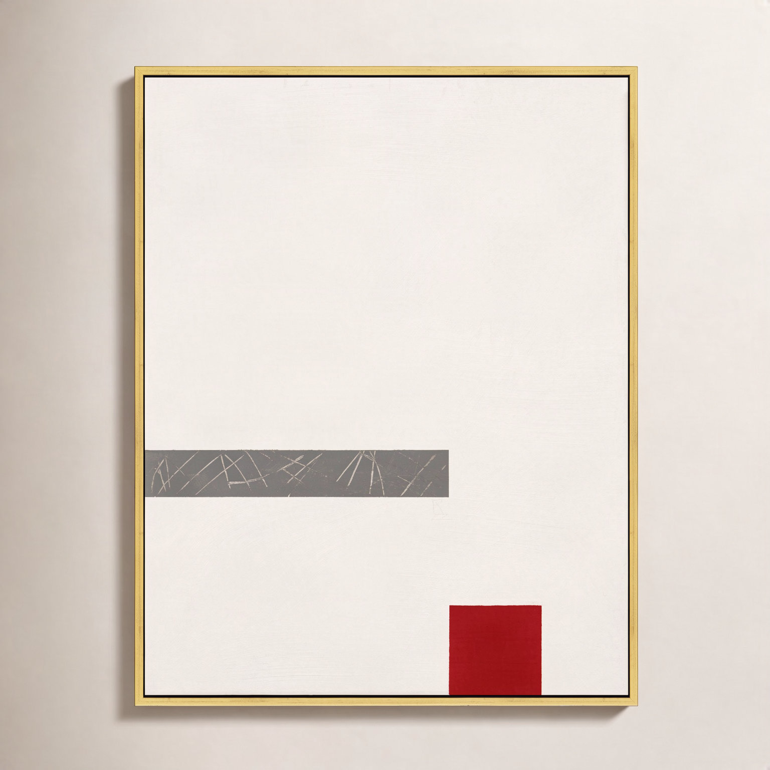 Tempo With Red 3 by Robert Kamnatnik, 30" H x 24" W x 1.38" D, Gold Framed Canvas