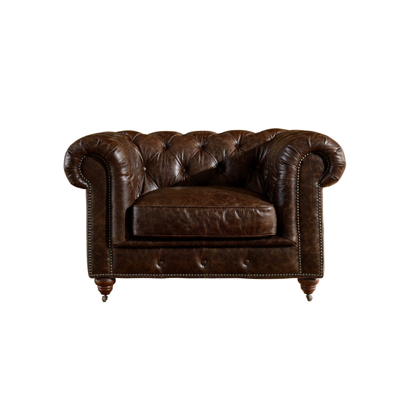 Fauteuil Chesterfield Peppie, Cuir véritable brun foncé