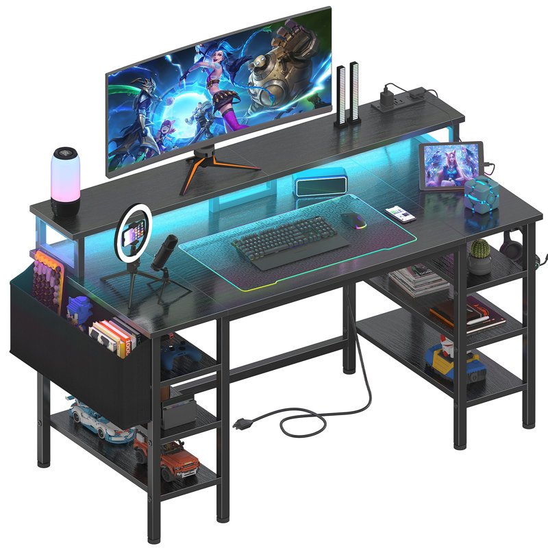 Bureau de jeu pour bureau à domicile de 47 pouces avec support de moniteur, Noir, noir, noir, noir