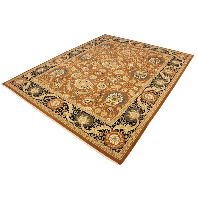 Tapis noir / orange en laine noué à la main à motif oriental 9 pi 4 po x 11 pi 7 po Roby