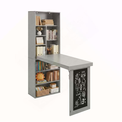 Folding Desk with Storage, Foldable Convertible Writing table with Blackboard and Shelves, Fold-Out Cabinet Table for Small Spaces/Home Office/Craft Room (Grey)