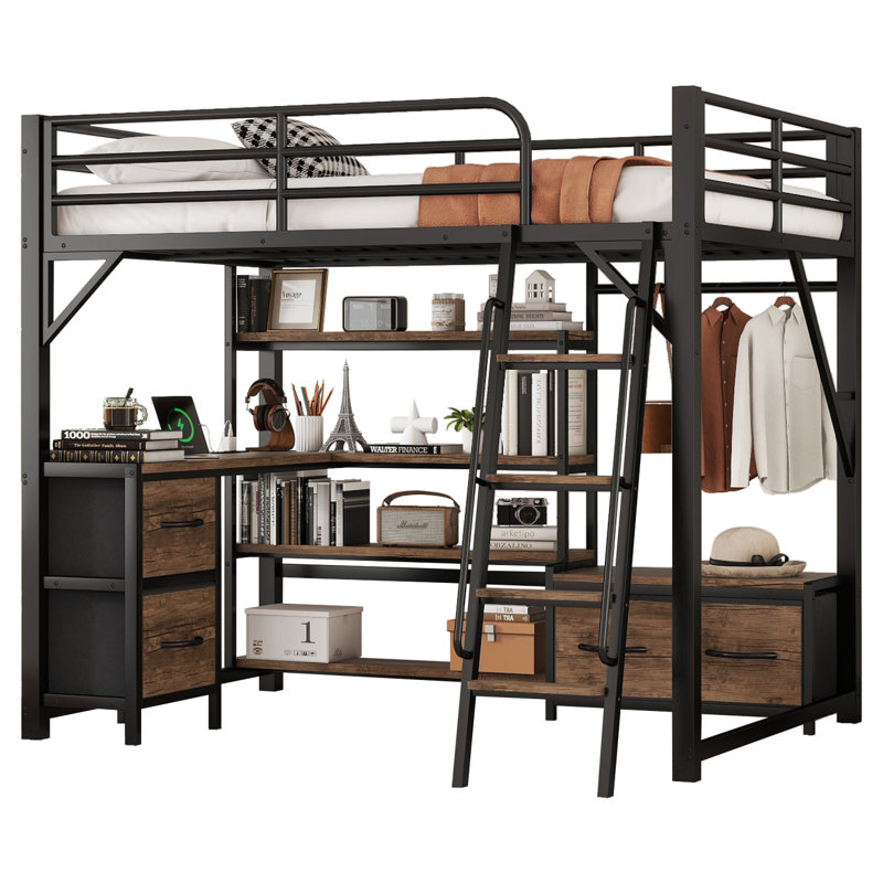 Full Size Loft Bed With Desk And Light, Metal Loft Bed With Storage Shelves, Wardrobe And Drawers For Boys Girls, Expect Arrival Date 2025/7/26