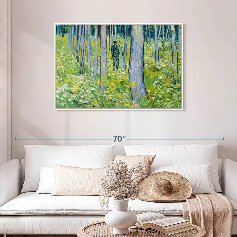 Sous-bois avec deux personnages, Cadre flottant blanc, 43 po x 29 po