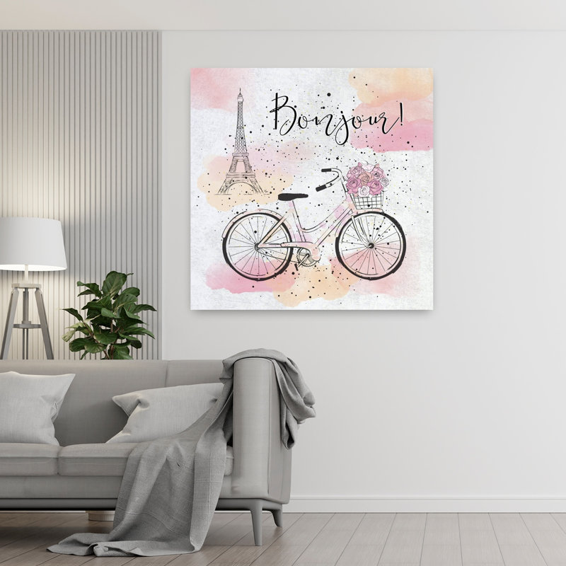 Bonjour, Paris, vélo, élégante fleur romantique moderne, impression murale, 48" H x 48" W