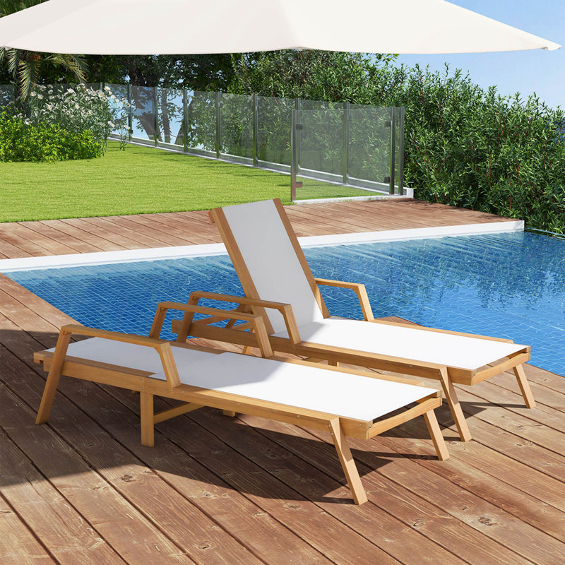2 Pcs Outdoor Chaise Lounge With Adjustable 5-position Backrest Solid Wood Frame, 2