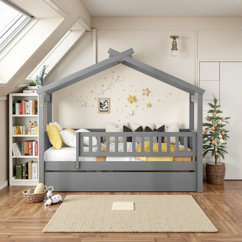 Lit simple en bois avec lit gigogne AVELOR - Rangement spacieux et fabrication en pin massif, Gray, Twin