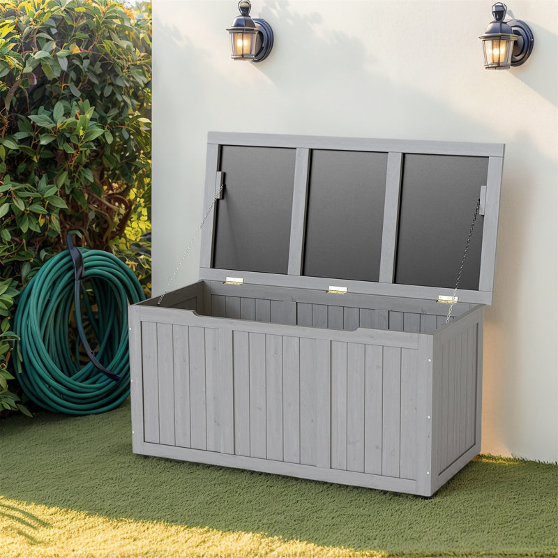 67 Gallon Outdoor Wooden Deck Box Solid Wood Storage Box Seat & Table Top For Patio Furniture Cushions, Gray