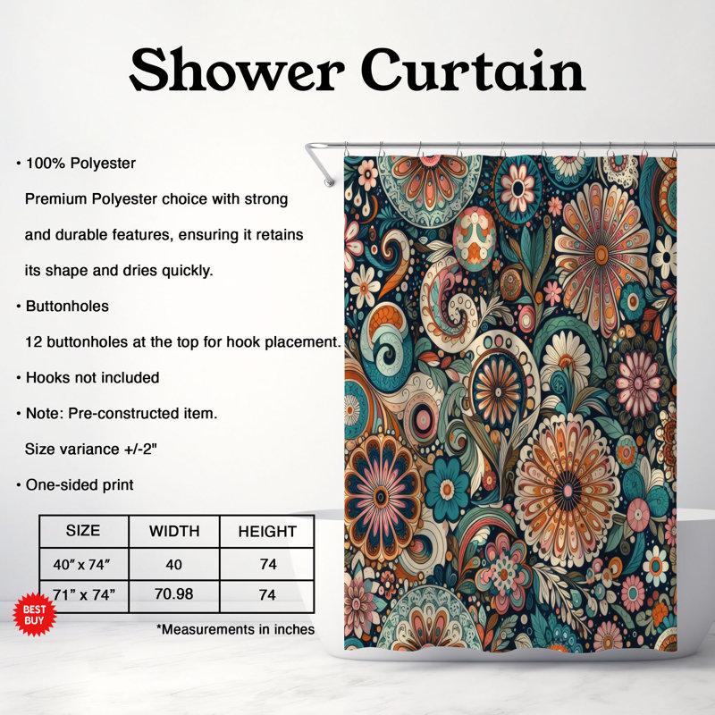Rideau de douche 1 pièce Flower Power Boho, H 74 po x l 71 po