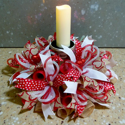 Valentine Mesh Centerpiece, Wreath & Candle Holder Ring With Heart Ribbon & Glitter Hearts