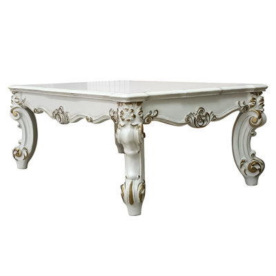 Ii Coffee Table In Antique Pearl Finish, Transitional Style, Rectangular Wooden Top, Scrolled Leg And Apron, Oversized, , No Shelf Finish Ii, Top With & Oversized Leg, Cabinet Unit Storage