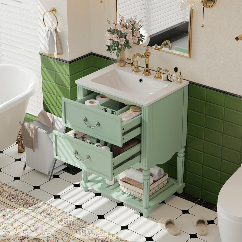 Meuble-lavabo de 24 po avec lavabo en céramique, armoire de salle de bain avec deux tiroirs à fermeture en douceur et une tablette ouverte