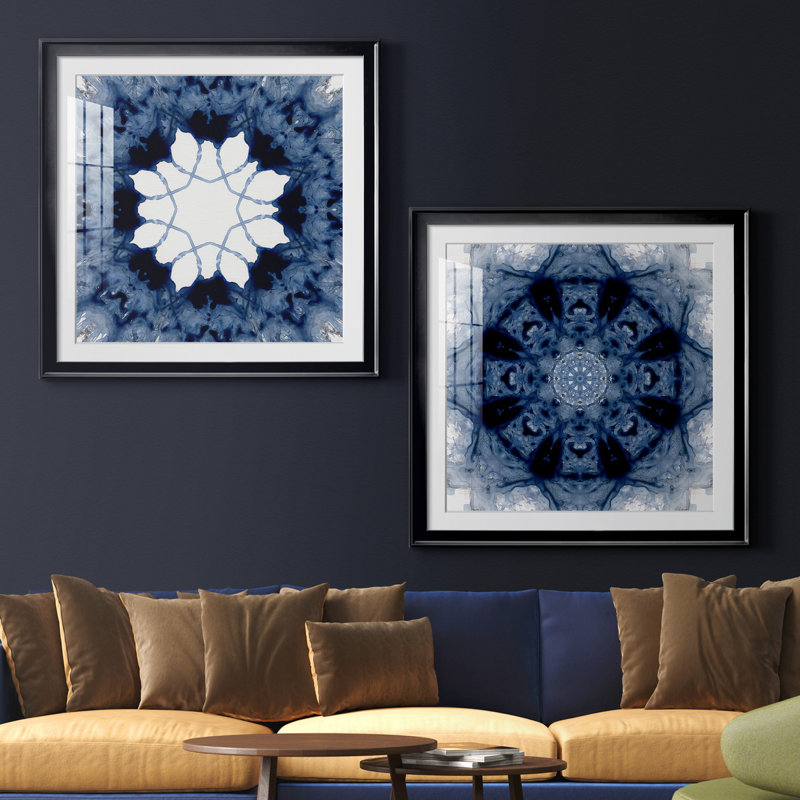 Indigo kaleidoscope I - ensemble de 2 reproductions d'art, H 30,5 po x l 61 po x P 1,5 po, Papier encadré noir, Blanc
