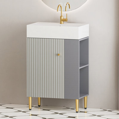 Meuble-lavabo à tablettes ouvertes de 21,6 po avec lavabo en céramique et porte à fermeture douce, armoire de rangement à tablettes ouvertes sur le côté droit, assemblage requis