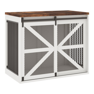 43"W Dog Crate Furniture, Farmhouse Wooden Dog Kennel Furniture, With Sliding Metal Mesh Barn Door, Large Dog Crate Furniture, Metal Tube & 2 Lockable Doors