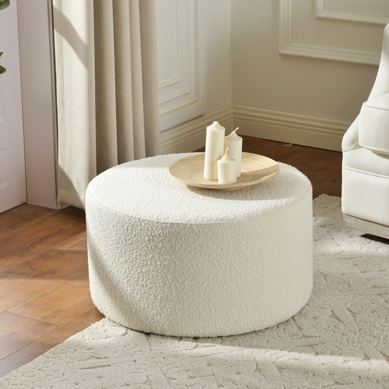 Brichelle 24'' Wide Modern Round Upholstered Ottoman, White Boucle