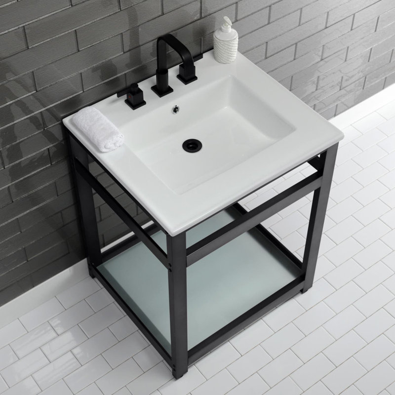 Quadras Ceramic Rectangular Console Bathroom Sink with Overflow, White/Matte Black, 8" Centers
