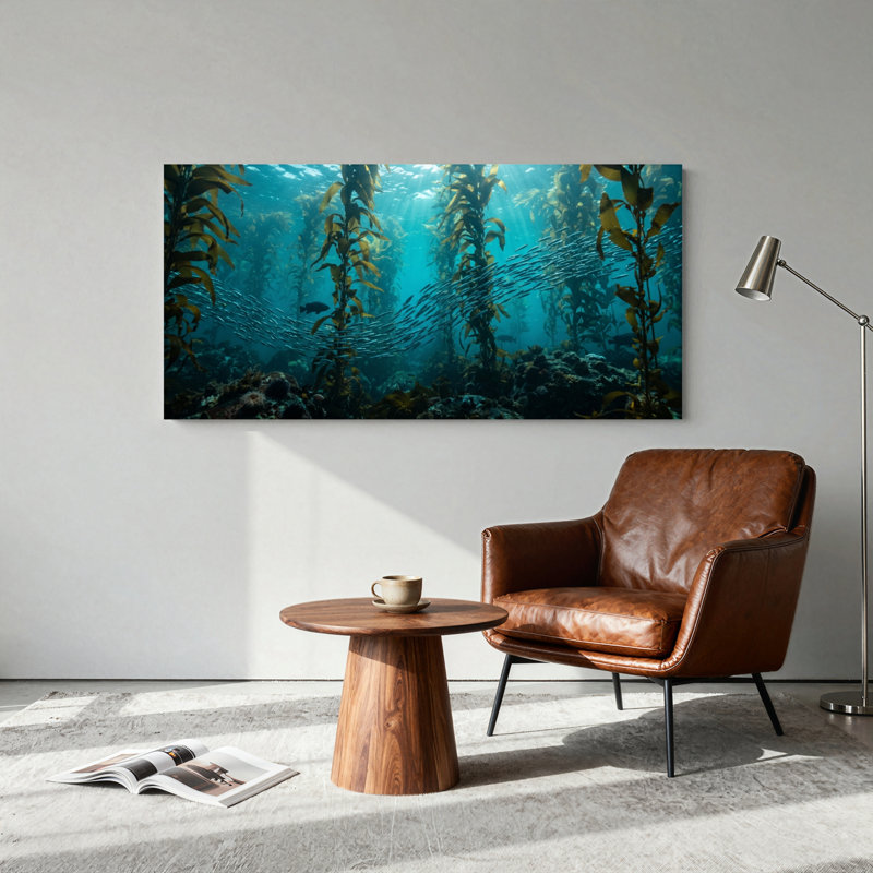 Ensemble de 1 tableau sur toile représentant une forêt sous-marine, L 46 po x H 24 po, Toile tendue