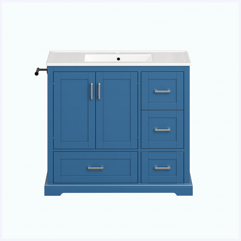 Meuble-lavabo autoportant de 42 po avec lavabo en céramique, 4 tiroirs (2 supérieurs avec séparateurs), portes à fermeture en douceur avec tablettes intérieures, porte-serviettes réversible, bleu marine, panneau de fibres à densité moyenne