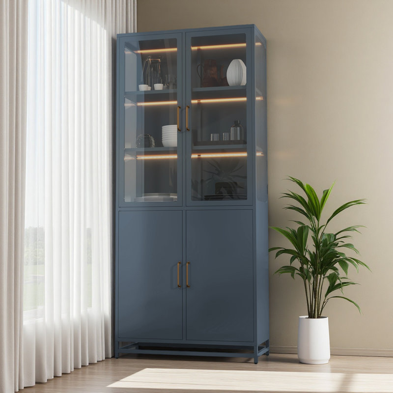 76.75'' Tall Display Cabinet, With Glass Doors And LED Lights, Steel Curio Cabinet With 3-Sided Glass, Pantry Cabinet With Storage For Hallways