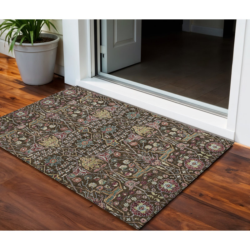 3' X 5' Chocolate Red And Gold Floral Washable Indoor Outdoor Area Rug